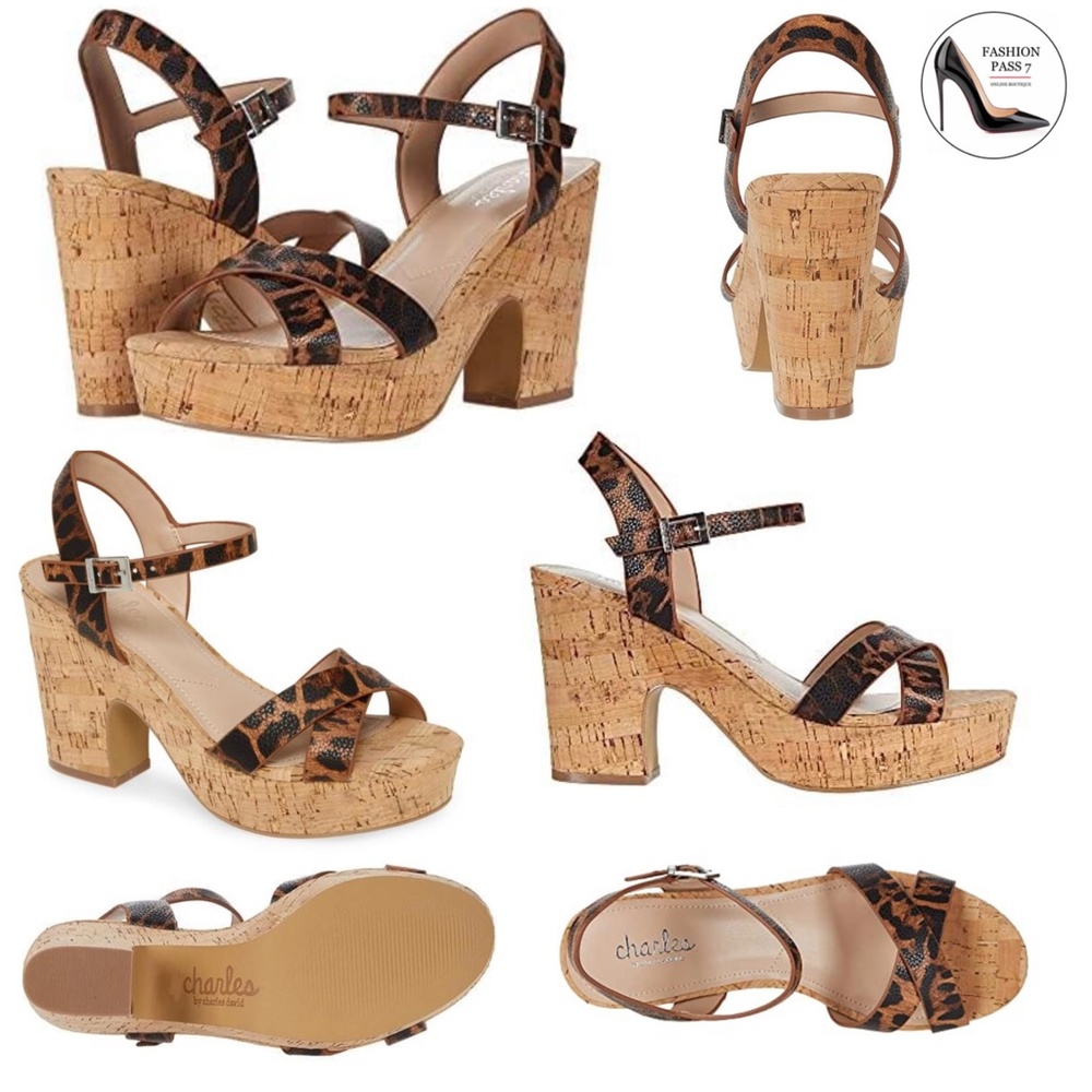 Charles David Departed Leopard Camel Ankle Strap Cork Platform Heels Sandals 8 - Picture 2 of 6